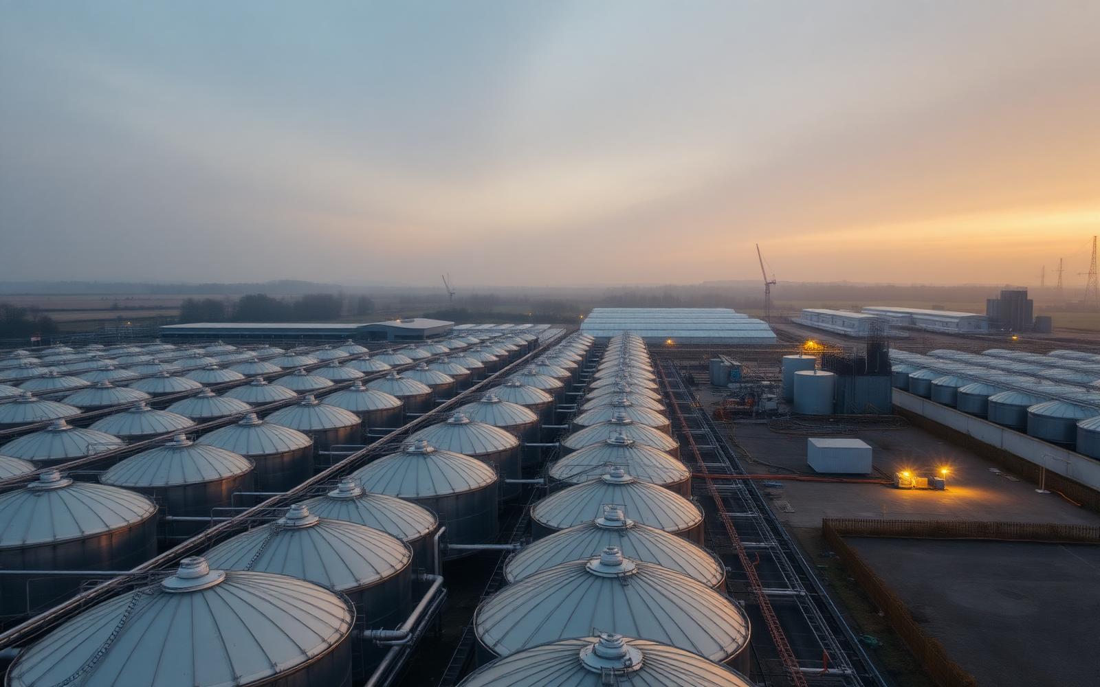 Aerial view of a biomethane facility with steel digester tanks at dusk