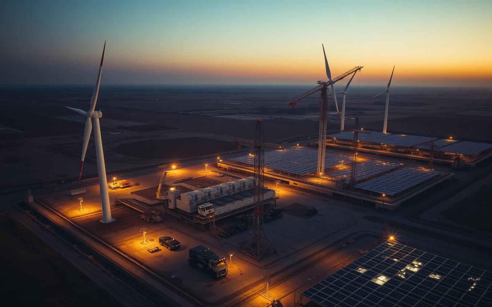 Renewable energy infrastructure project under construction at dusk