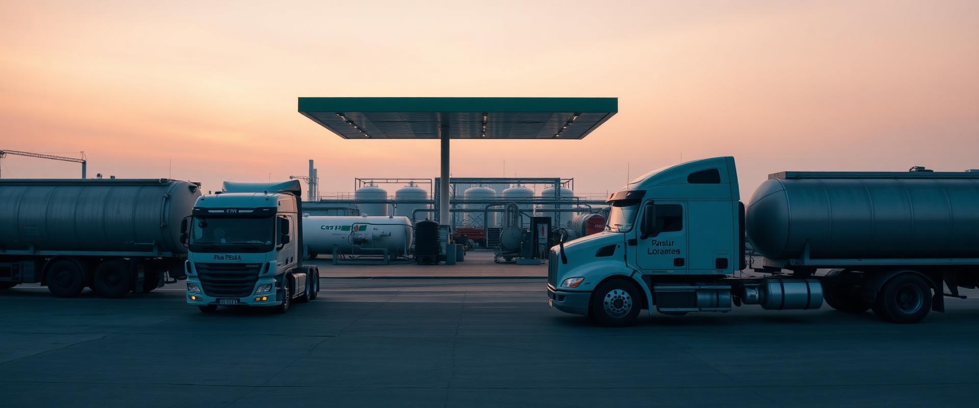 Heavy-duty trucks refuelling at a biofuel logistics terminal