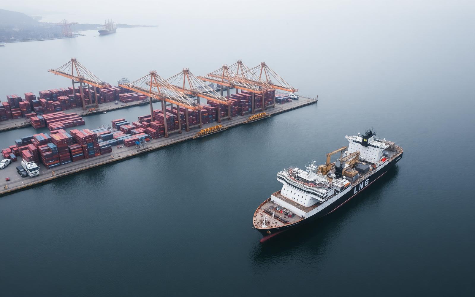 Container port with LNG vessel and logistics infrastructure